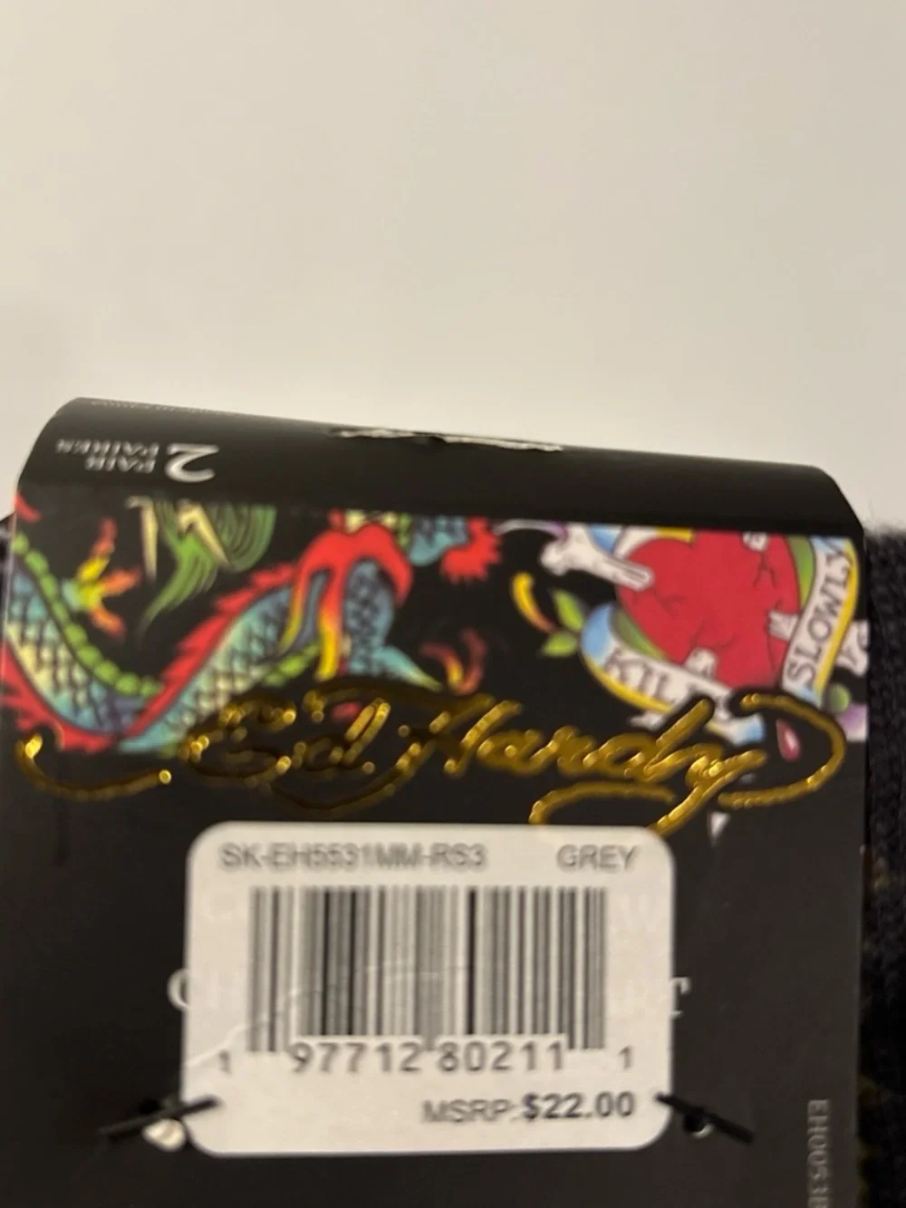 Ed Hardy Men’s Cushioned Crew Socks - Skull Tattoo Print, Black/Gray